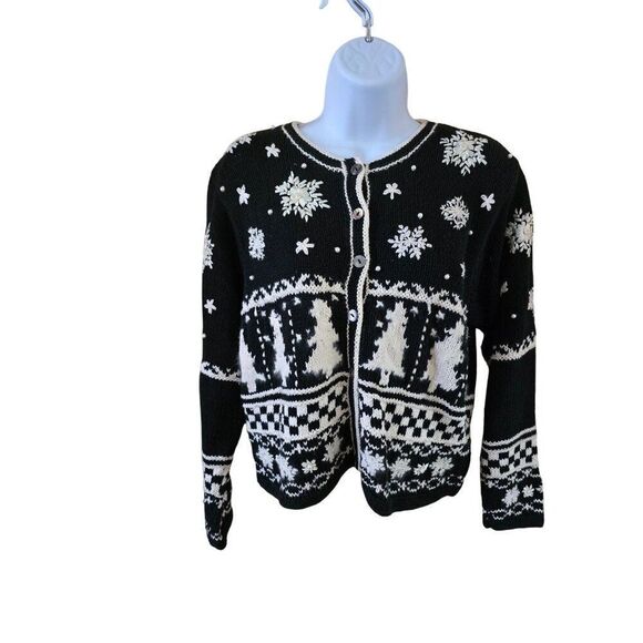 Black & White Snowflake Pattern Cardigan Sweater With Christmas Trees cozy warm - Picture 4 of 12